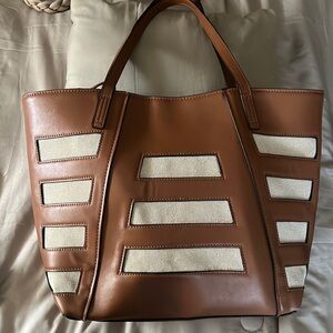 Nine West caramel brown cream tote canvas faux leather hand bag
